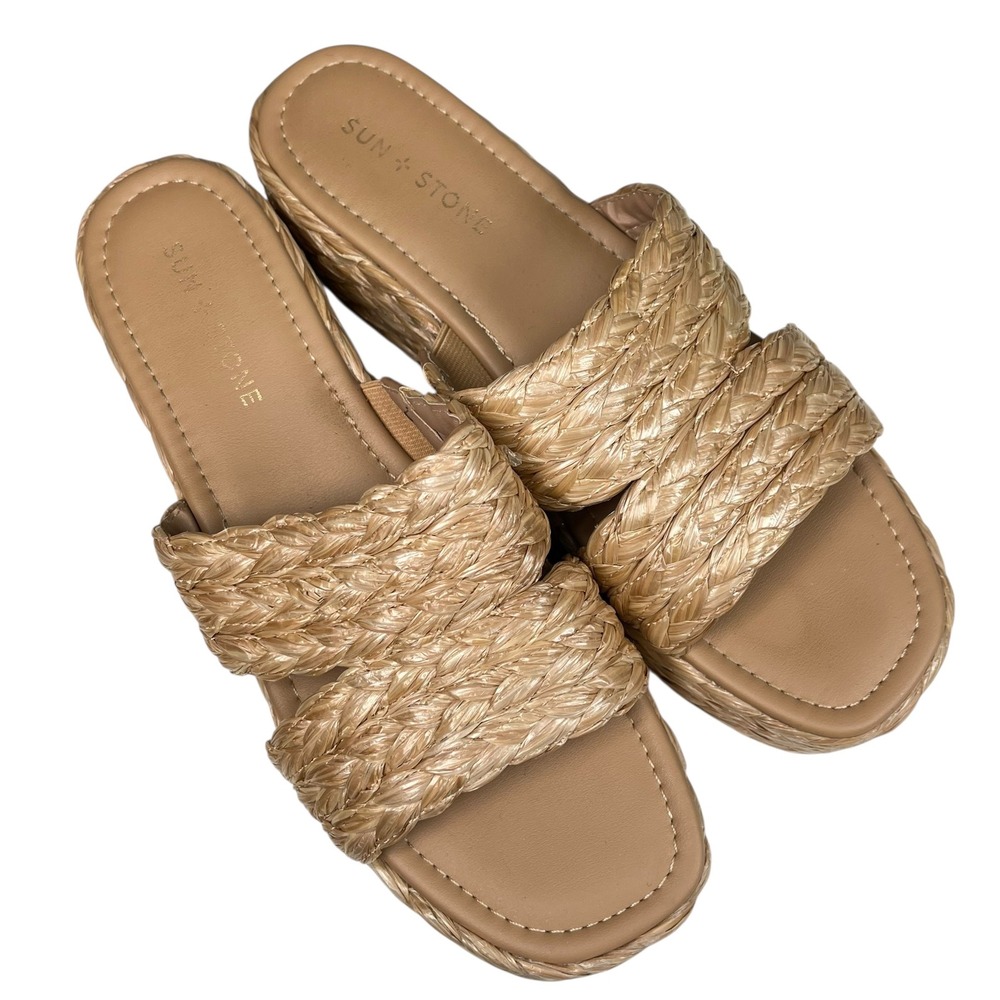 Sun‎ Stone Women's Platform Wedge Sandals Raffia Double Strap Slides Size 10